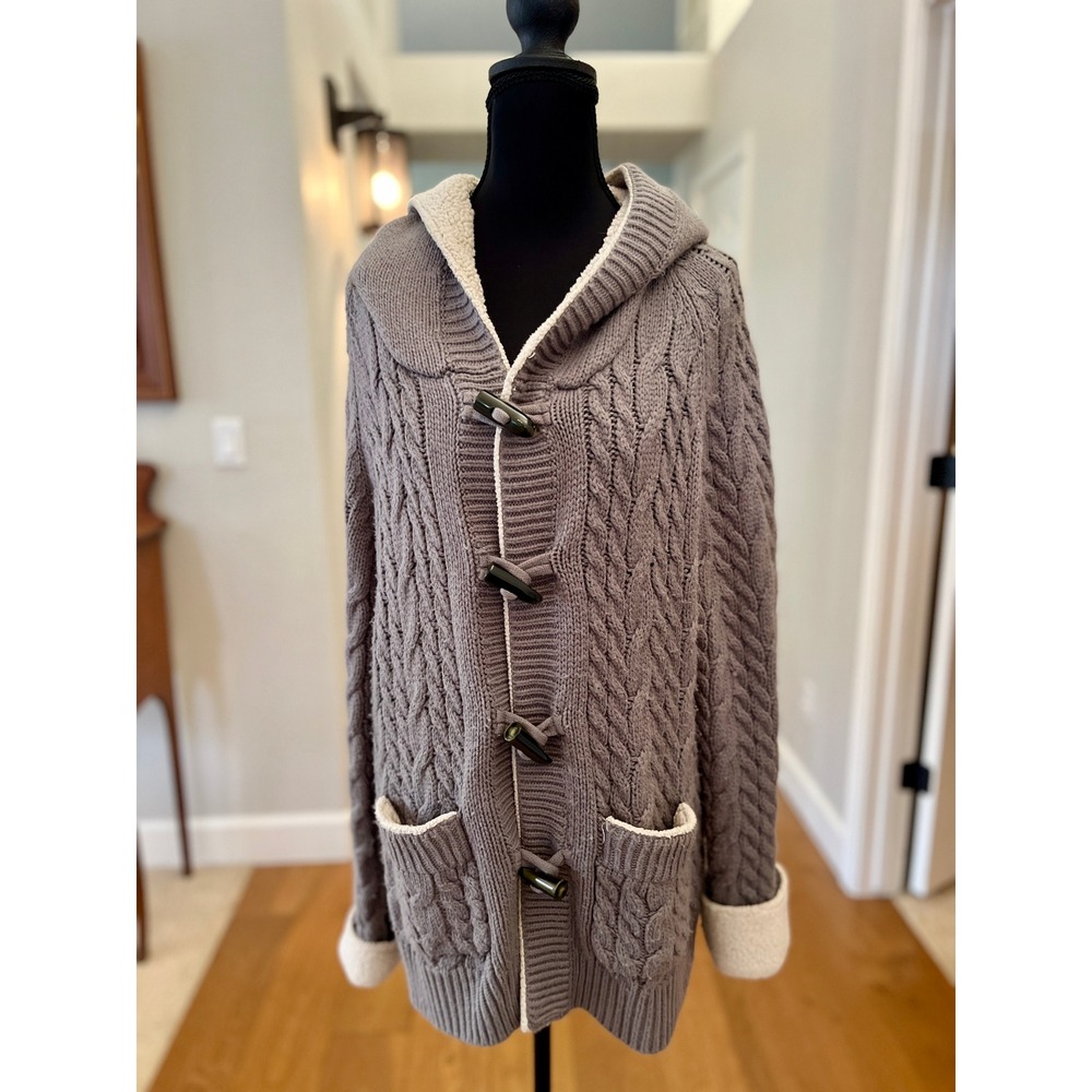 Cabela's Sherpa Lined Cable Knit Hooded Sweater Jacket 2XL Grey Toggle Coat